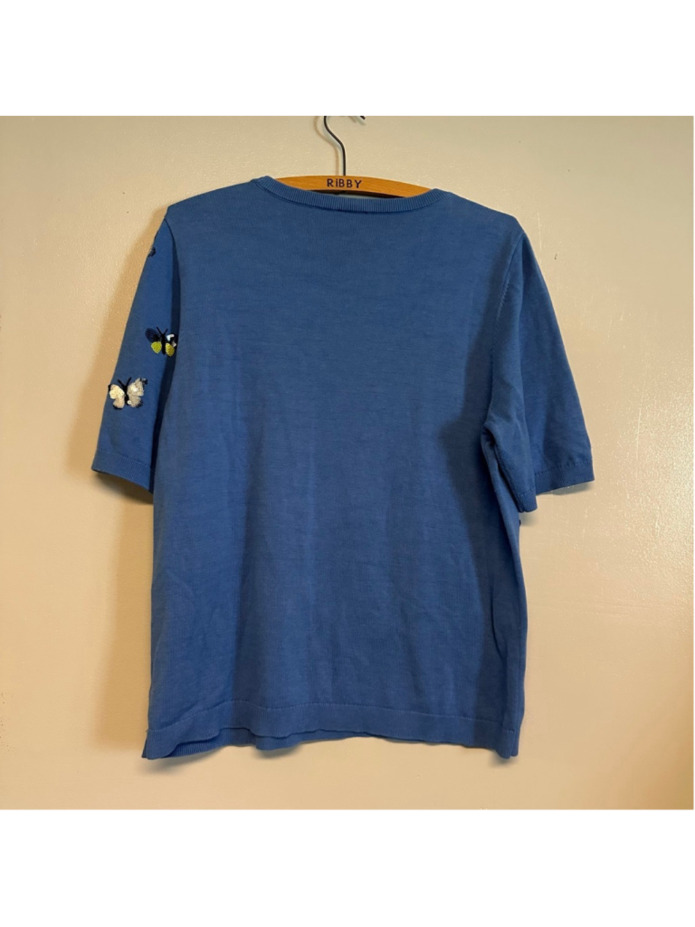 Talbots Blue Butterfly Sequin Crew Neck Blouse Short Sleeve Size XL Granny Core - Picture 7 of 8